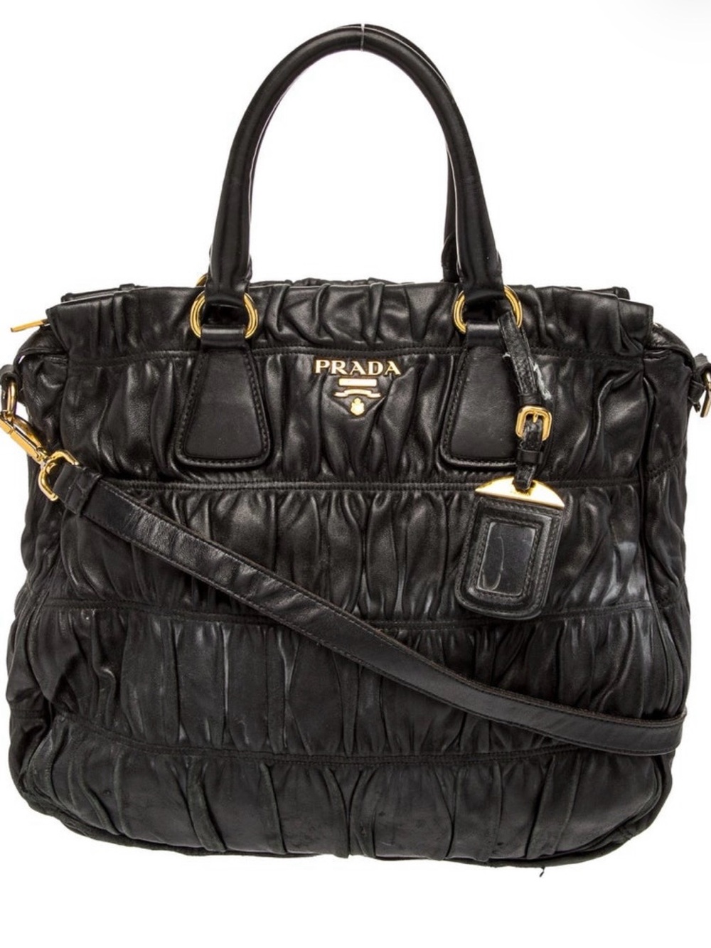 Prada Black Ruched Nappa Leather Shoulder Bag with Gold Hardware